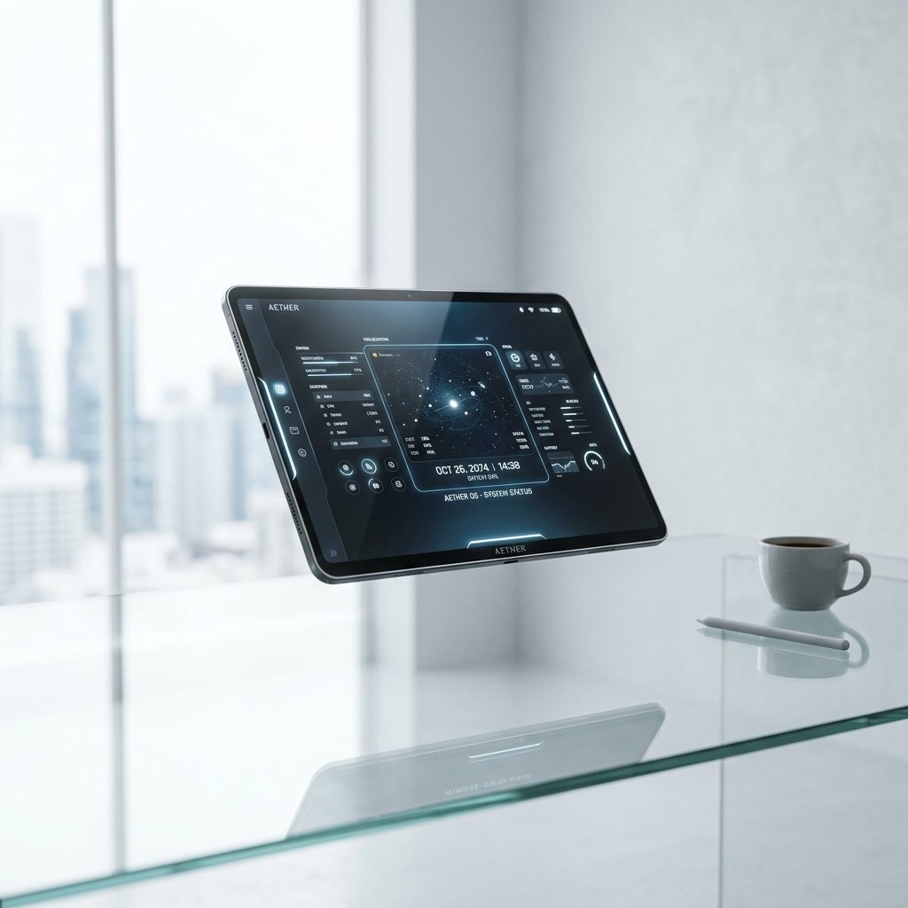 Futuristic sleek tablet floating in zero-gravity over a clean glass desk, showing astronomical statistics on screen