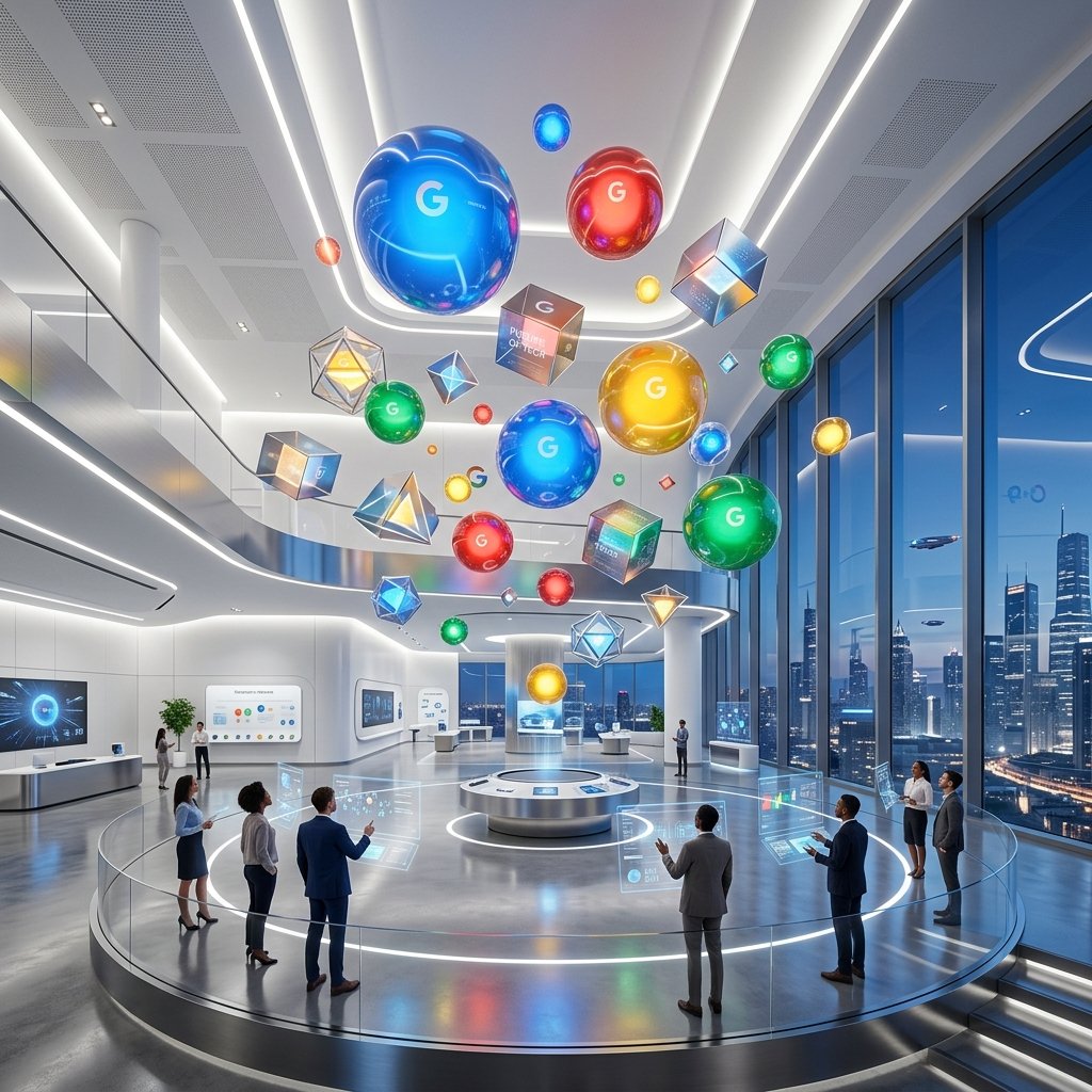 Ultra-premium showroom featuring floating Google-colored glass spheres and geometric shapes levitating in mid-air in front of a giant window looking out onto a futuristic city skyline